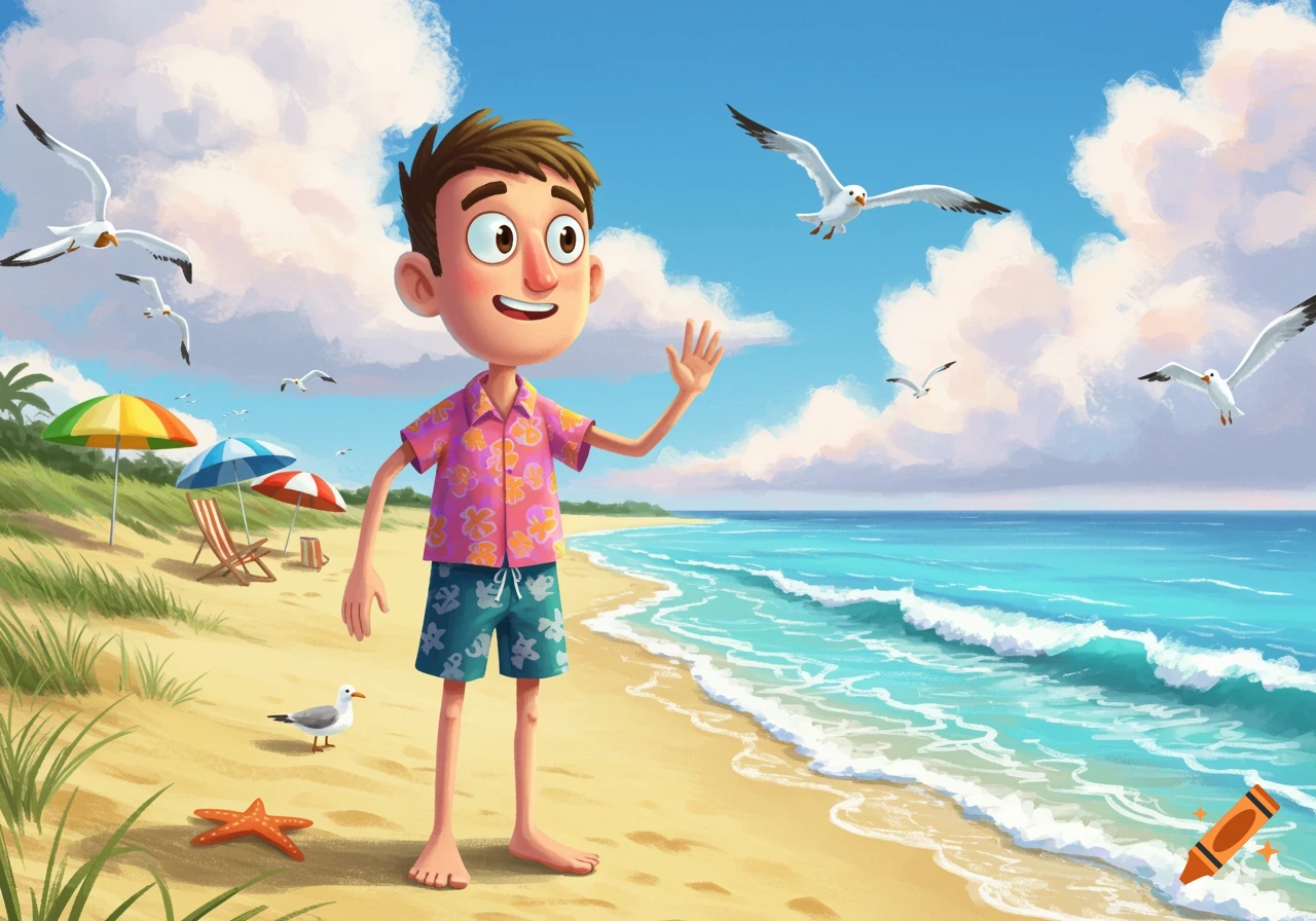 A cartoon boy in a Hawaiian shirt waves on a sunny beach with seagulls, umbrellas, and a starfish.