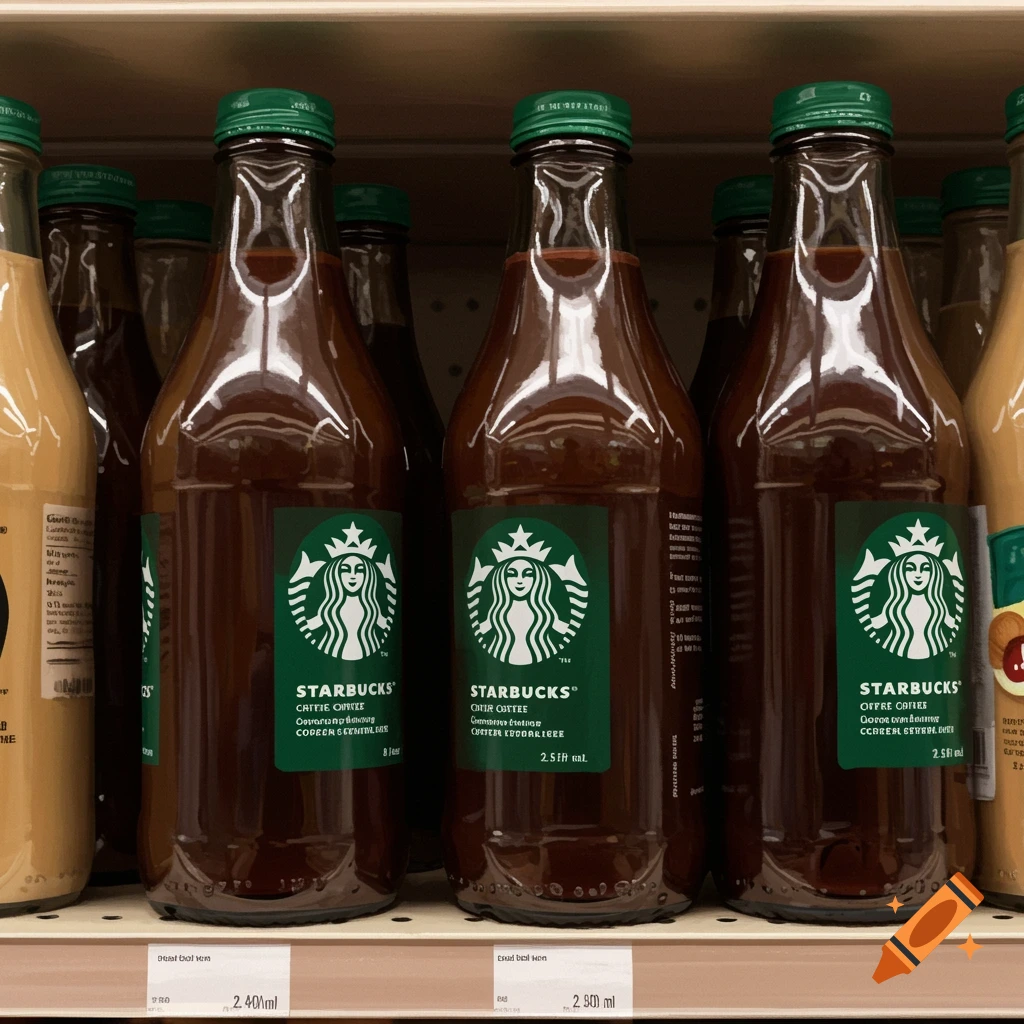 Photorealistic image of several Starbucks coffee bottles with green caps and labels, standing on a shelf in a store, with price tags below.