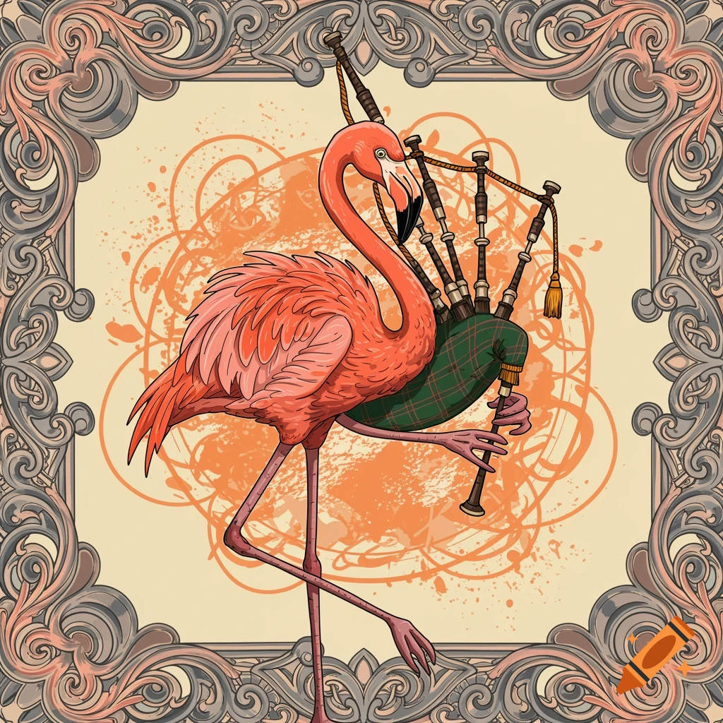 Tattoo style illustration of a flamingo playing bagpipes with a tartan pattern, within an ornate frame.