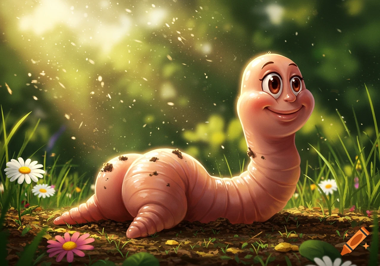 Happy cartoon worm with large butt cheeks on a dirt path in a sunny garden with flowers.