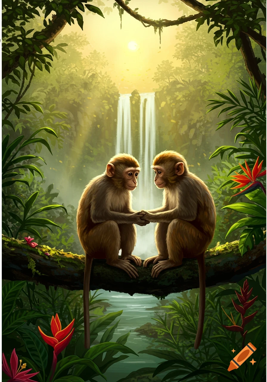 Two monkeys holding hands on a tree branch in a lush jungle with a waterfall and sunlit sky.