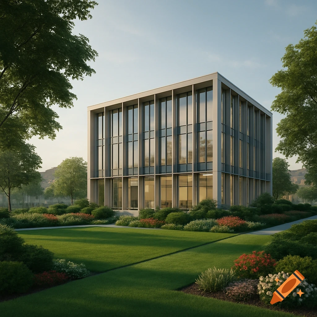 A modern building with large windows stands amidst a manicured lawn and lush green trees and bushes under a clear sky.