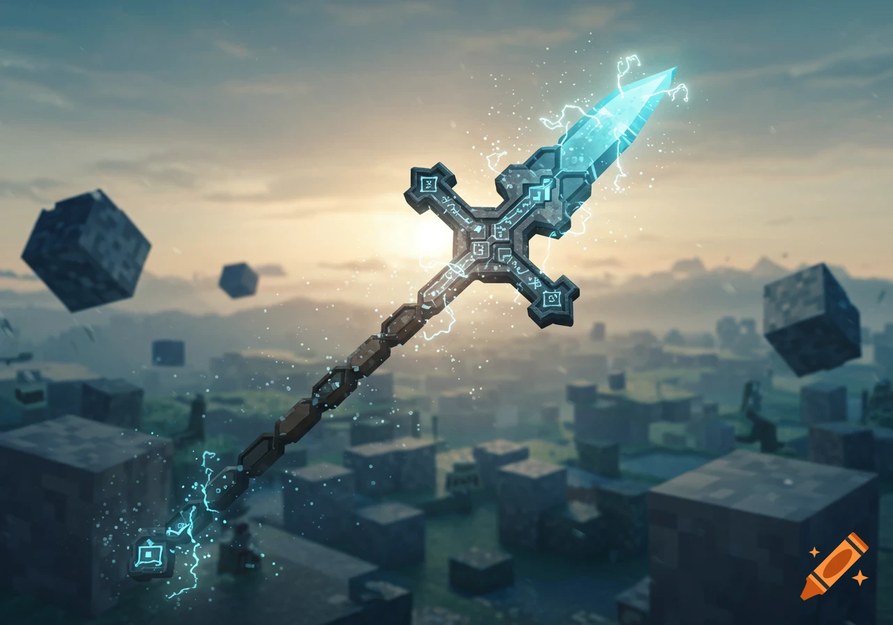 A glowing, blue-bladed spear with intricate runes floats above a blocky, Minecraft-style landscape at sunset.