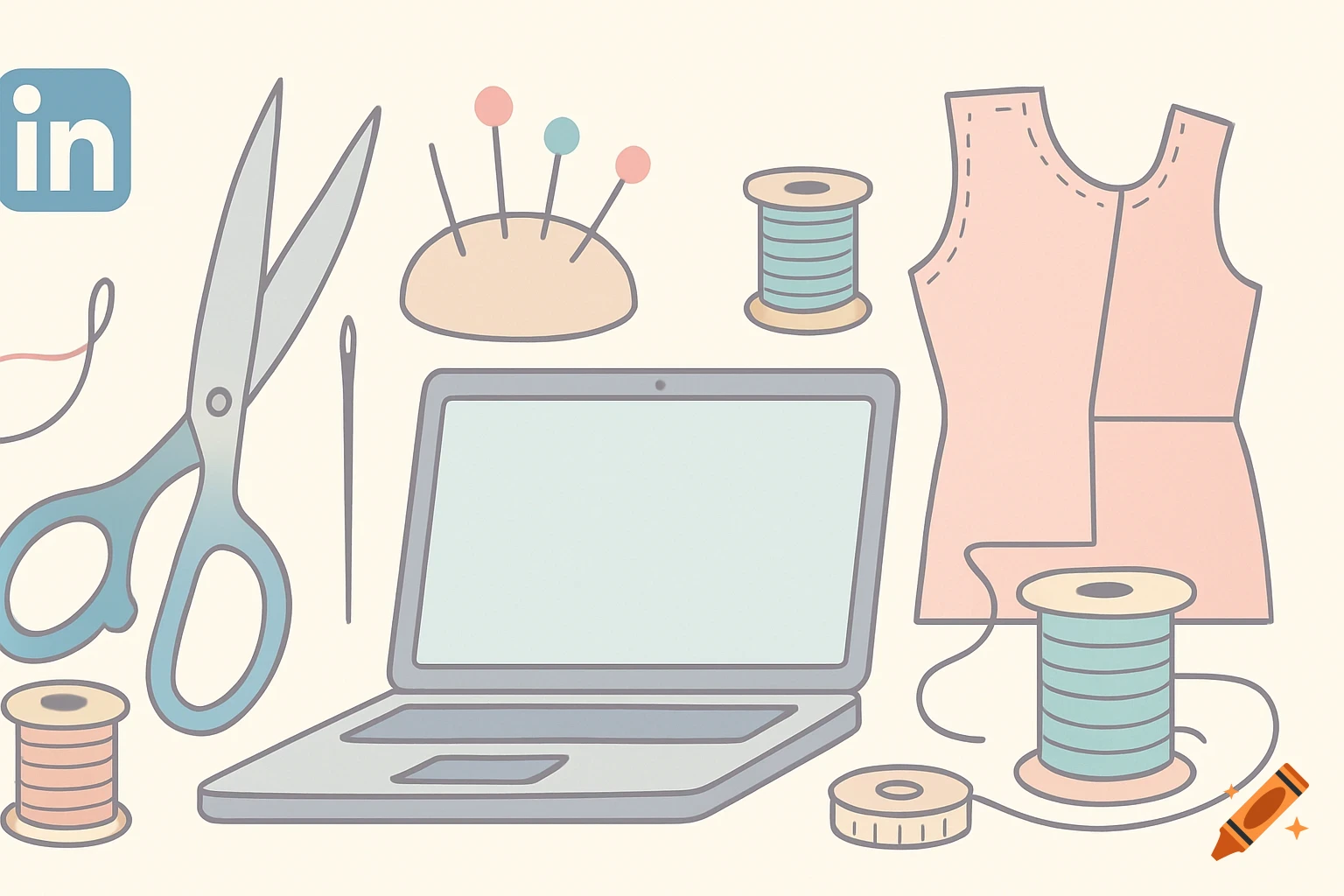 Illustration of sewing tools, laptop, and dress pattern, with LinkedIn logo. Features scissors, thread, pincushion, and needle.