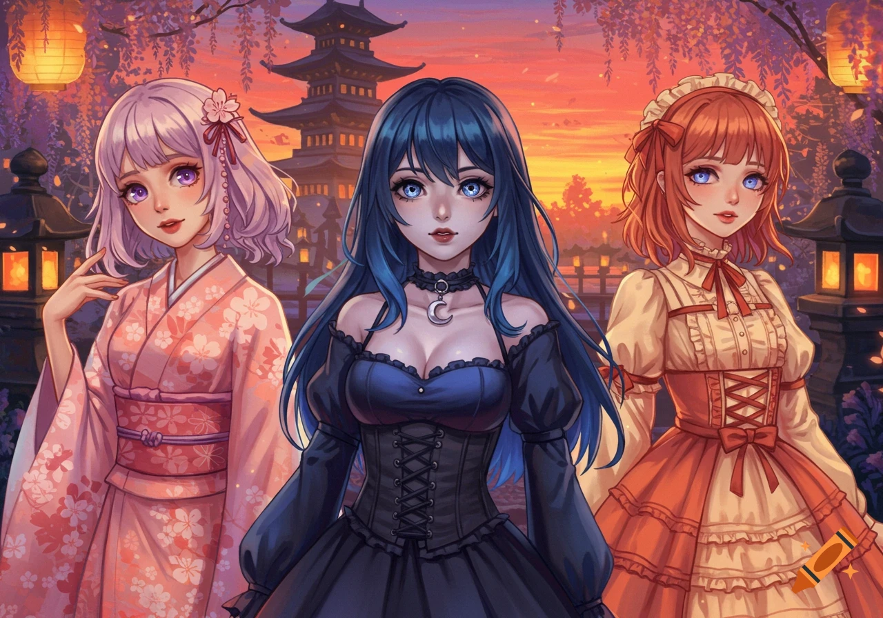 Three anime girls with different hairstyles and outfits standing in front of a pagoda at sunset. One wears a pink kimono, one a black gothic dress, and one a cream and orange Victorian dress.