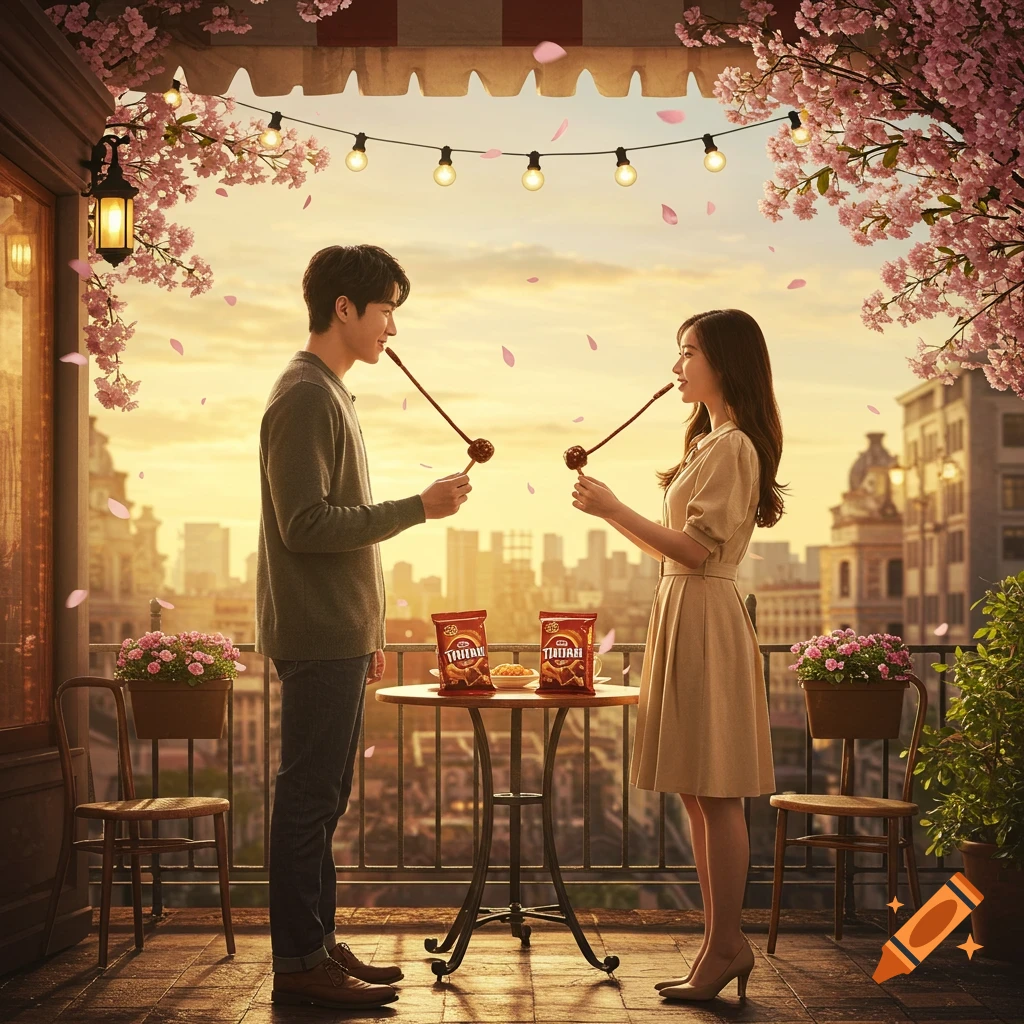 A man and a woman on a balcony at sunset, sharing a snack like "Lady and the Tramp" amidst cherry blossoms.
