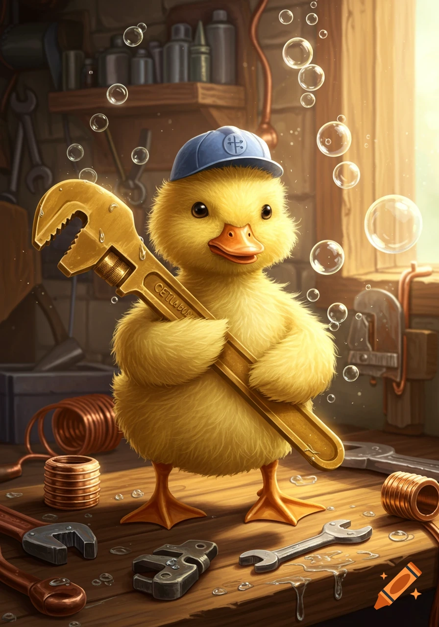 A cute fluffy yellow baby duck wearing a blue cap holds a golden pipe wrench, standing on a wooden workbench with tools and bubbles.