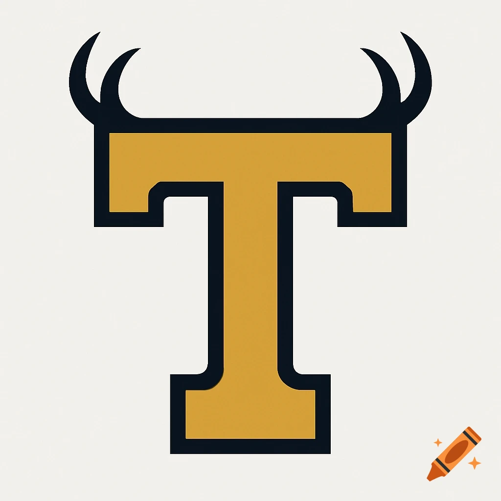 A gold block letter 'T' with black horns on top and a black outline, set against a light background.