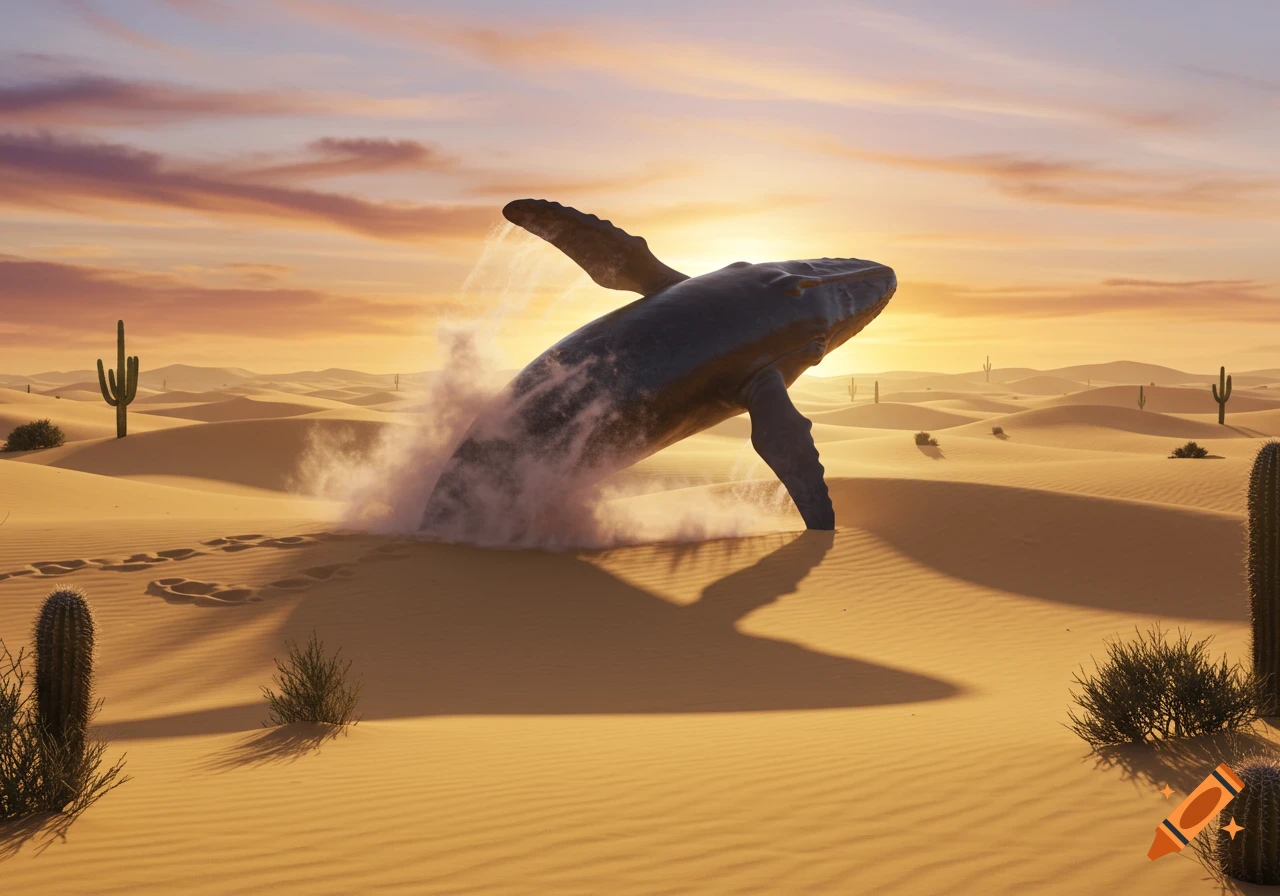 A large humpback whale emerges from the sand dunes in a vast desert landscape under a warm sunset sky, kicking up dust.