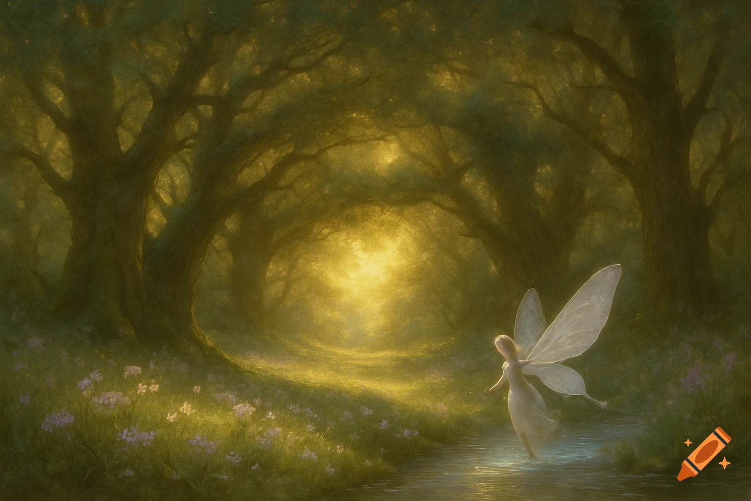 An ethereal fairy with large, translucent wings stands in a shallow stream in a sunlit, enchanted forest.
