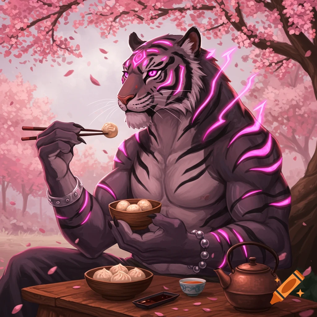 A muscular anthropomorphic tiger with glowing pink stripes and magenta eyes sits under a cherry blossom tree, eating dumplings with chopsticks.