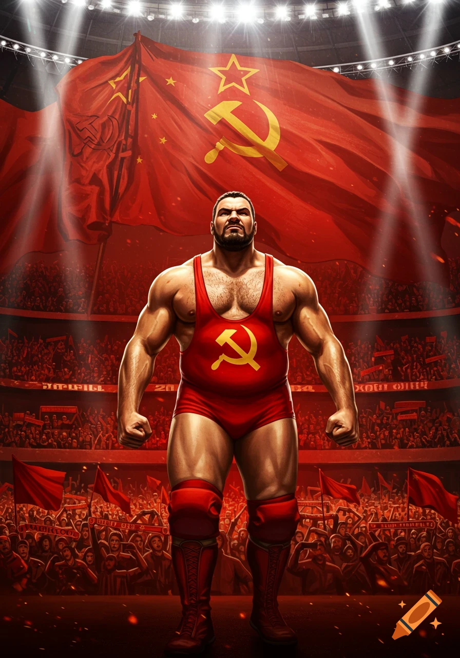 A muscular wrestler in a red singlet with a hammer and sickle emblem stands in a stadium under a giant Soviet flag, with a cheering crowd.