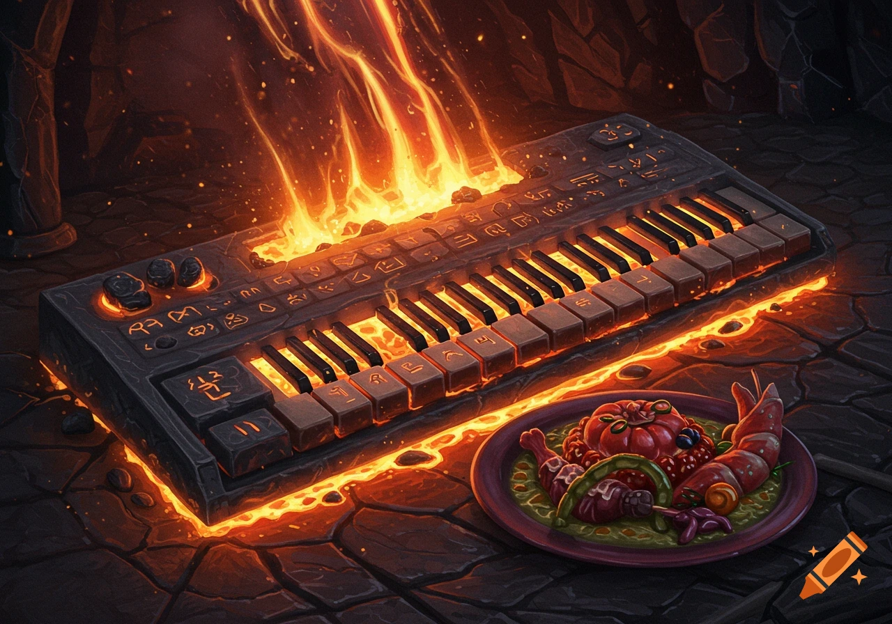 A stylized, dark image of a black keyboard with glowing orange lava beneath it and flames rising, next to a plate of bizarre, colorful food on a stone floor.