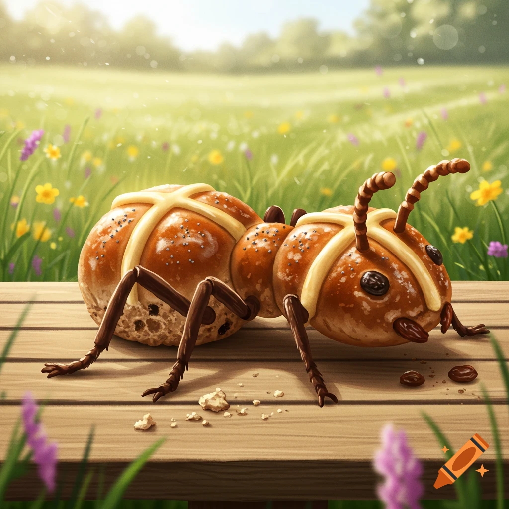 A whimsical ant creature made of hot cross buns, resting on a wooden surface in a sunny, grassy field with wildflowers.