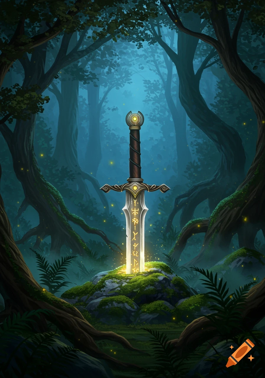 A glowing sword with runes stuck in mossy rocks in a dark, misty fantasy forest with fireflies.