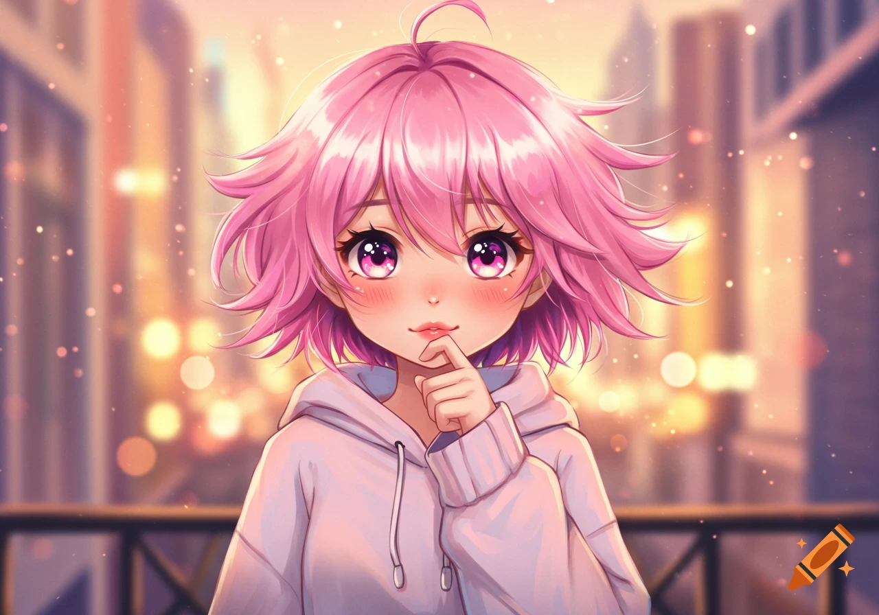 An anime girl with pink, short messy hair and large purple eyes, wearing a light-colored hoodie, with a finger touching her lips, in an outdoor setting with blurred lights.