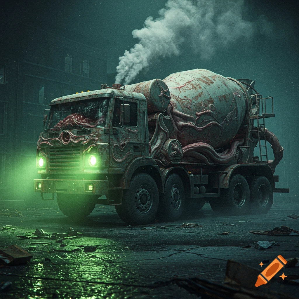 A grotesque, fleshy cement truck with glowing green headlights, emitting smoke in a dark, atmospheric setting.