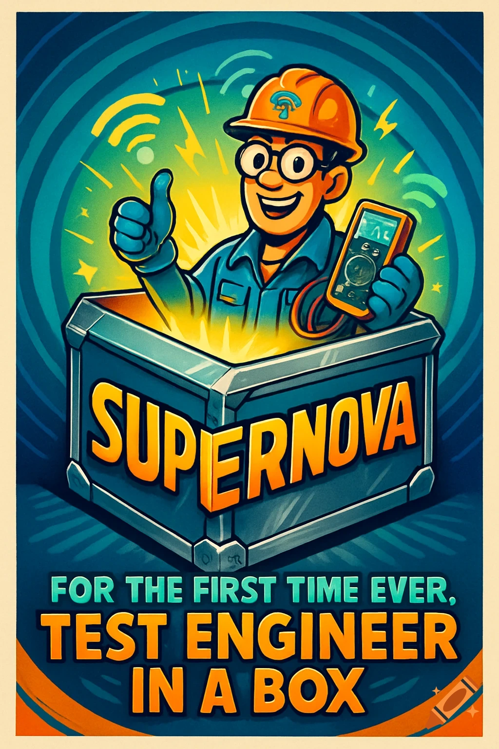 A vibrant cartoon flyer shows a smiling engineer in a hard hat emerging from a 'SUPERNOVA' box, giving a thumbs up. Below, text reads 'FOR THE FIRST TIME EVER, TEST ENGINEER IN A BOX'.