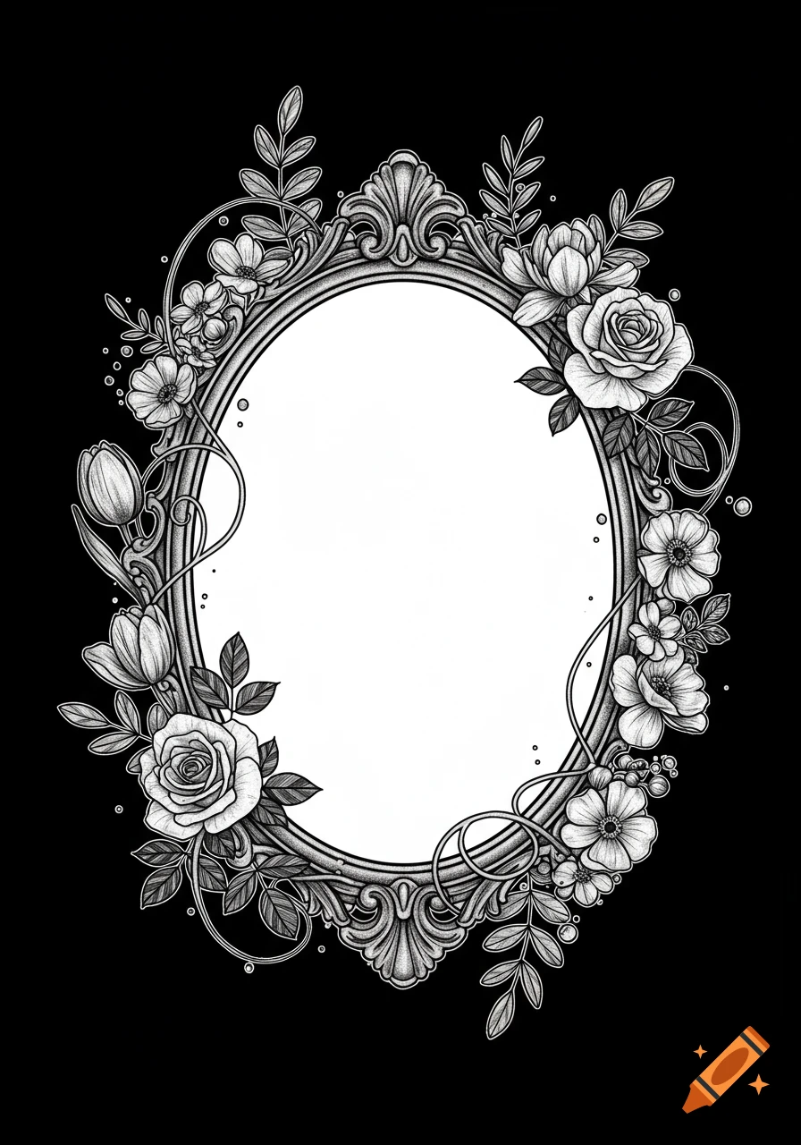 Black and white illustration of an ornate oval frame surrounded by roses, tulips, and leaves.