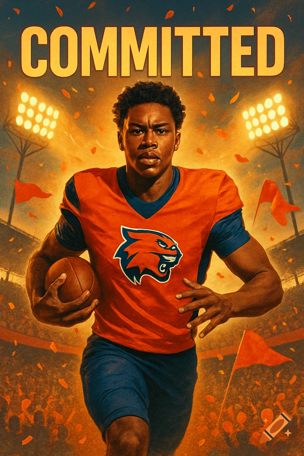 A determined football player in an orange and blue jersey holding a ball, running on a field with stadium lights and confetti, under the word "COMMITTED".