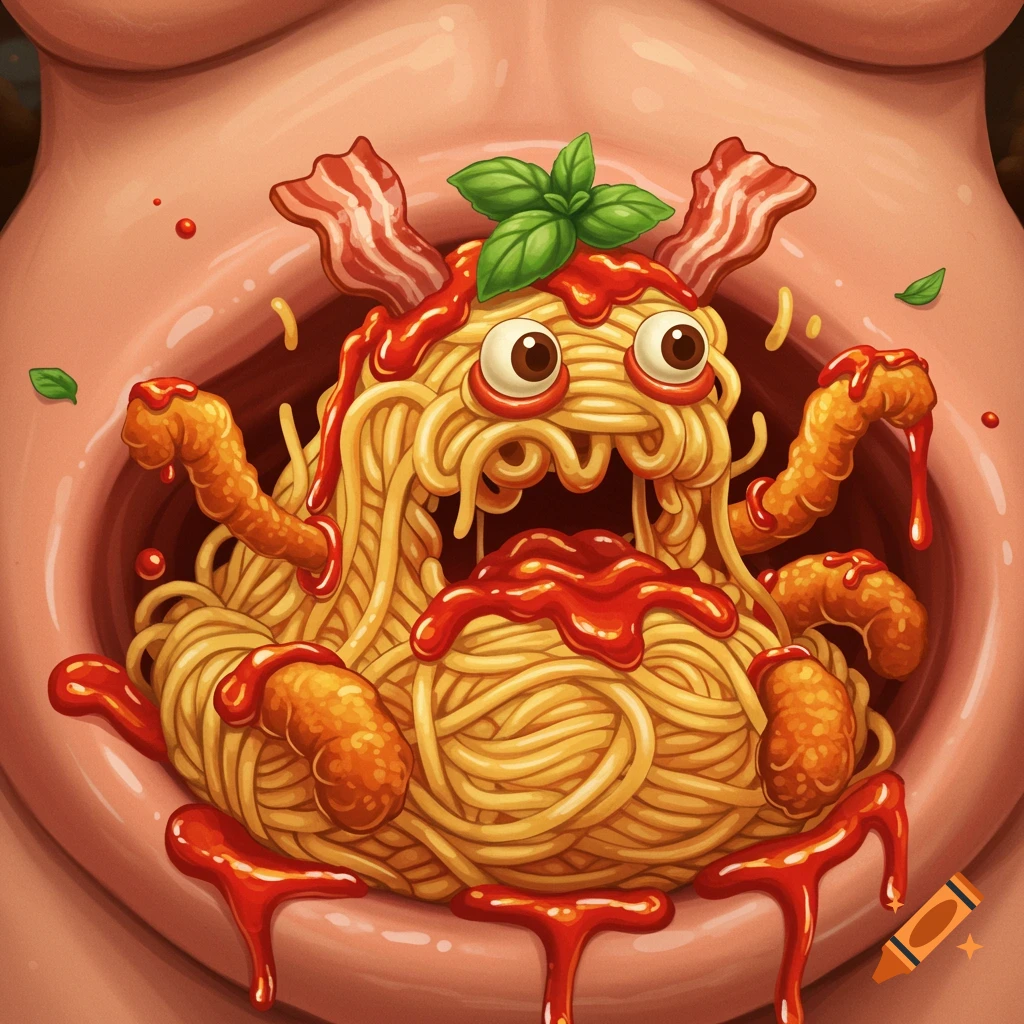 A cartoon food monster made of spaghetti and meatballs with basil and bacon, inside a pink fleshy opening.