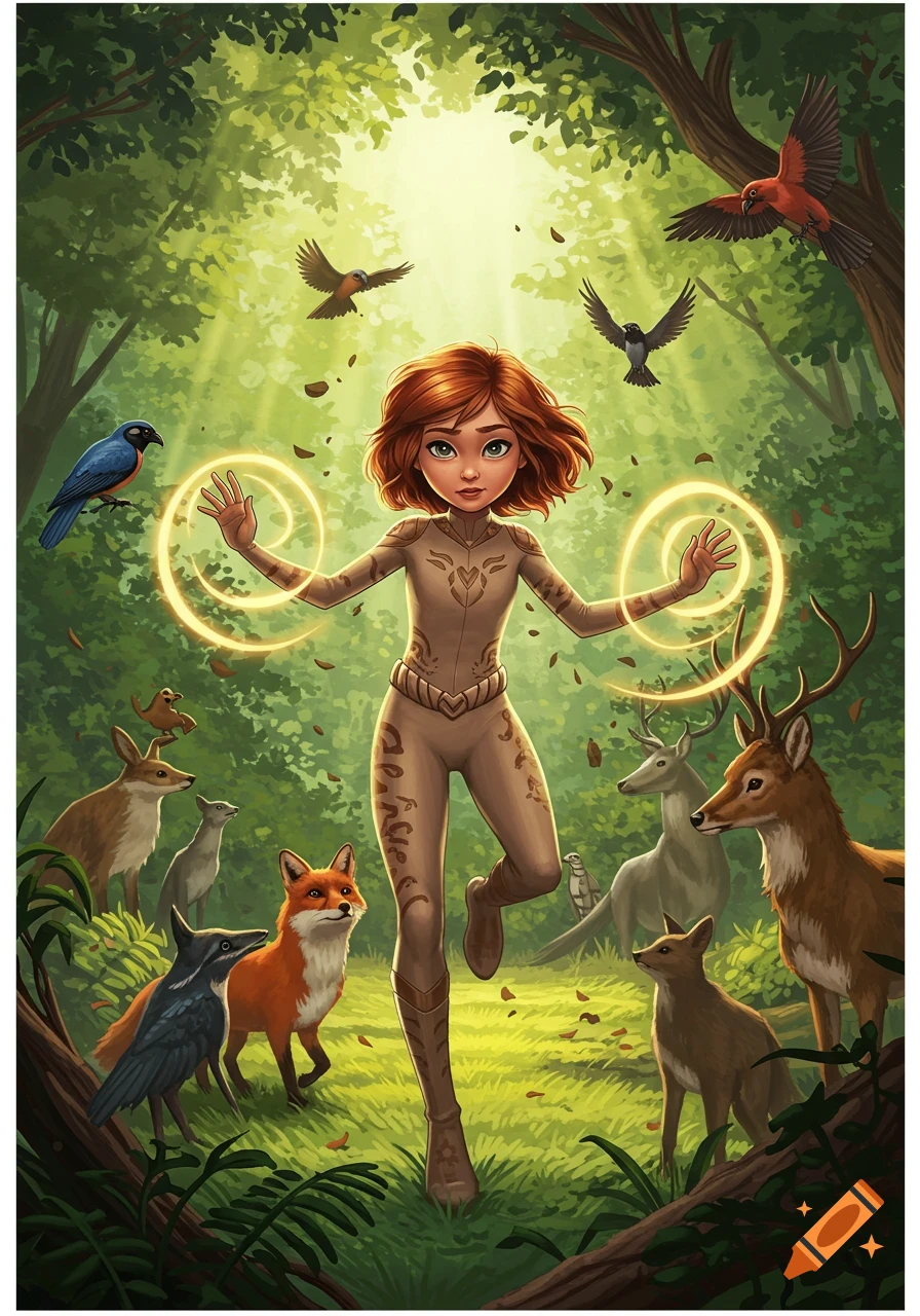 A cartoon fantasy illustration of a red-haired girl with glowing hands surrounded by deer, foxes, birds, and other animals in a lush, sunlit forest.