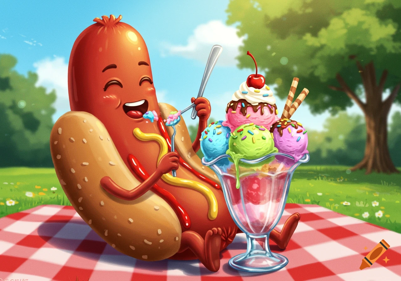 A happy cartoon hot dog lies on a picnic blanket, happily eating a large ice cream sundae with a spoon in a sunny park.