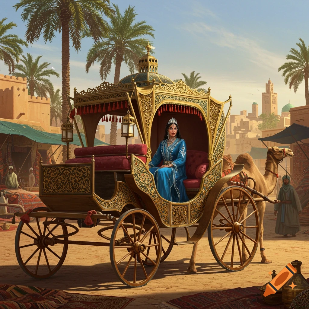 A regal princess in a blue gown and crown sits inside an ornate golden carriage pulled by a camel in a sunny desert market.