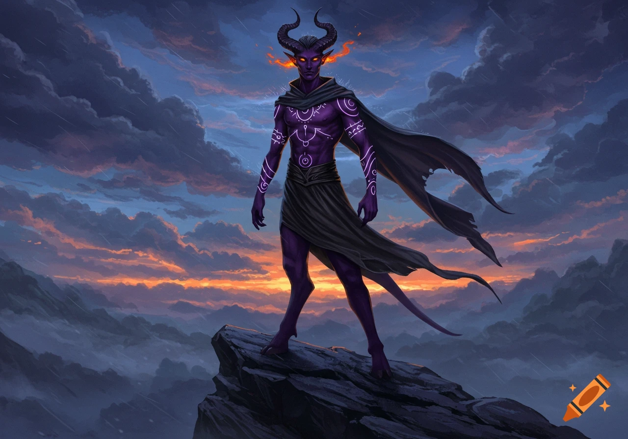 A dark purple, horned tiefling with glowing eyes and magical markings stands on a cliff against a dramatic sunset sky.