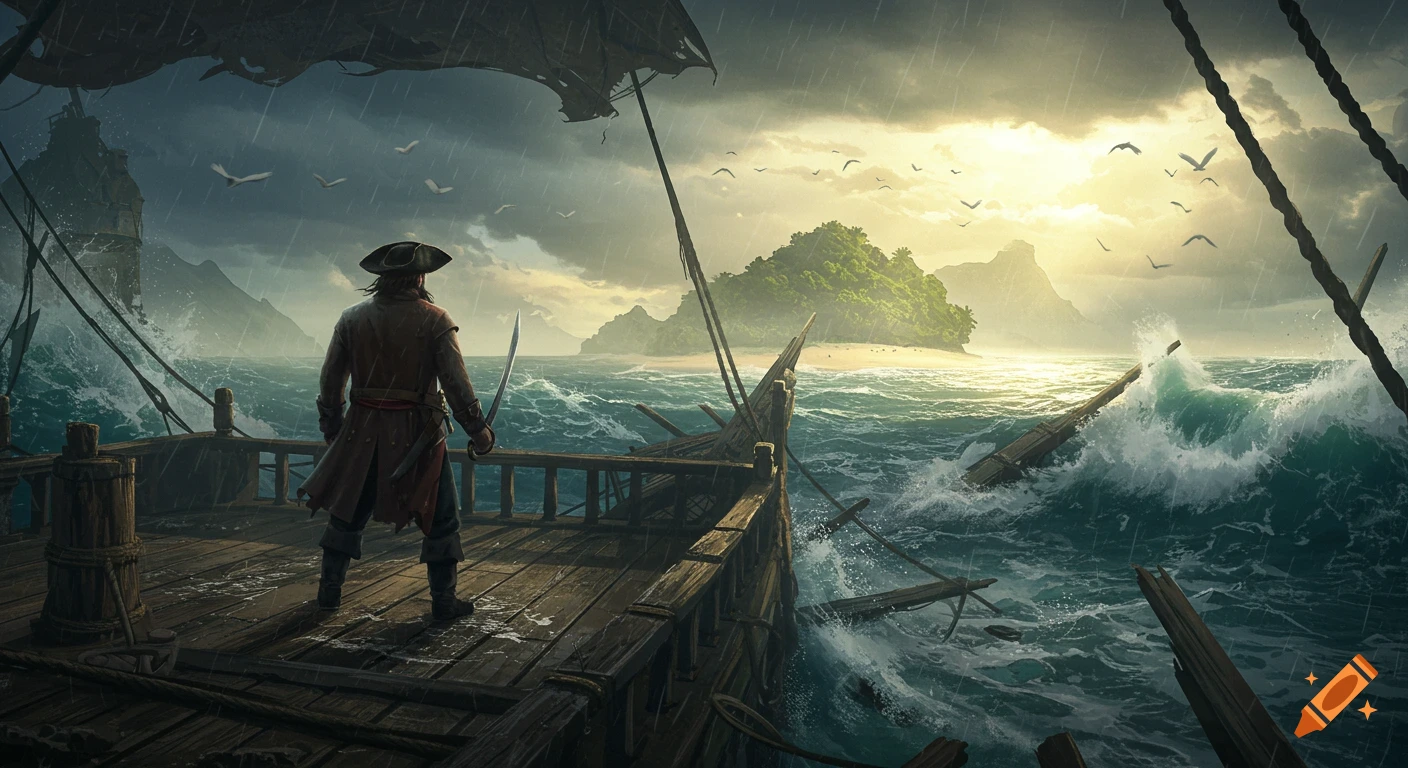 A lone pirate stands on the stormy, sinking deck of his ship, looking towards a sunlit island with mountains and crashing waves.