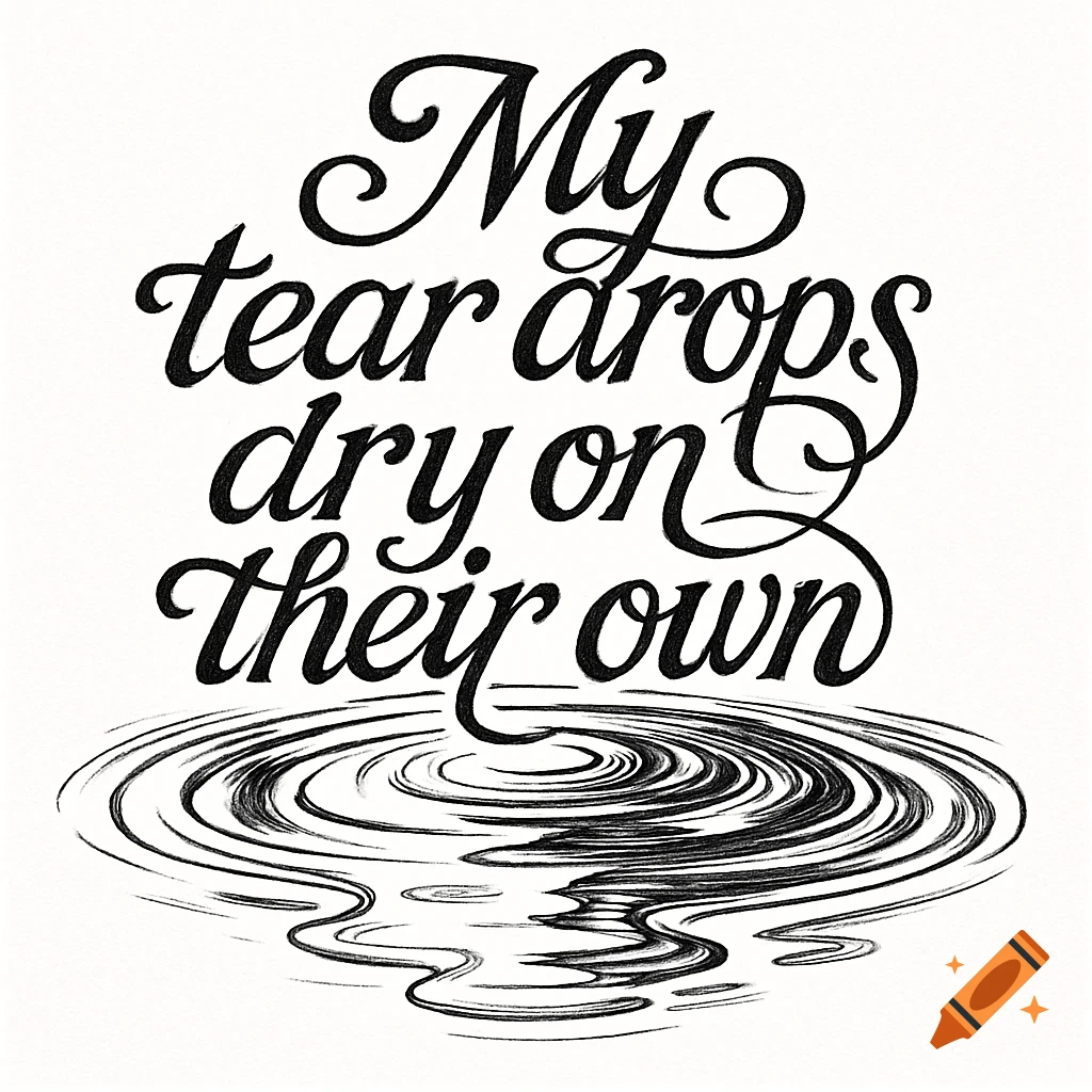 Black and white line art of cursive text 'My tear drops dry on their own' above water ripples.