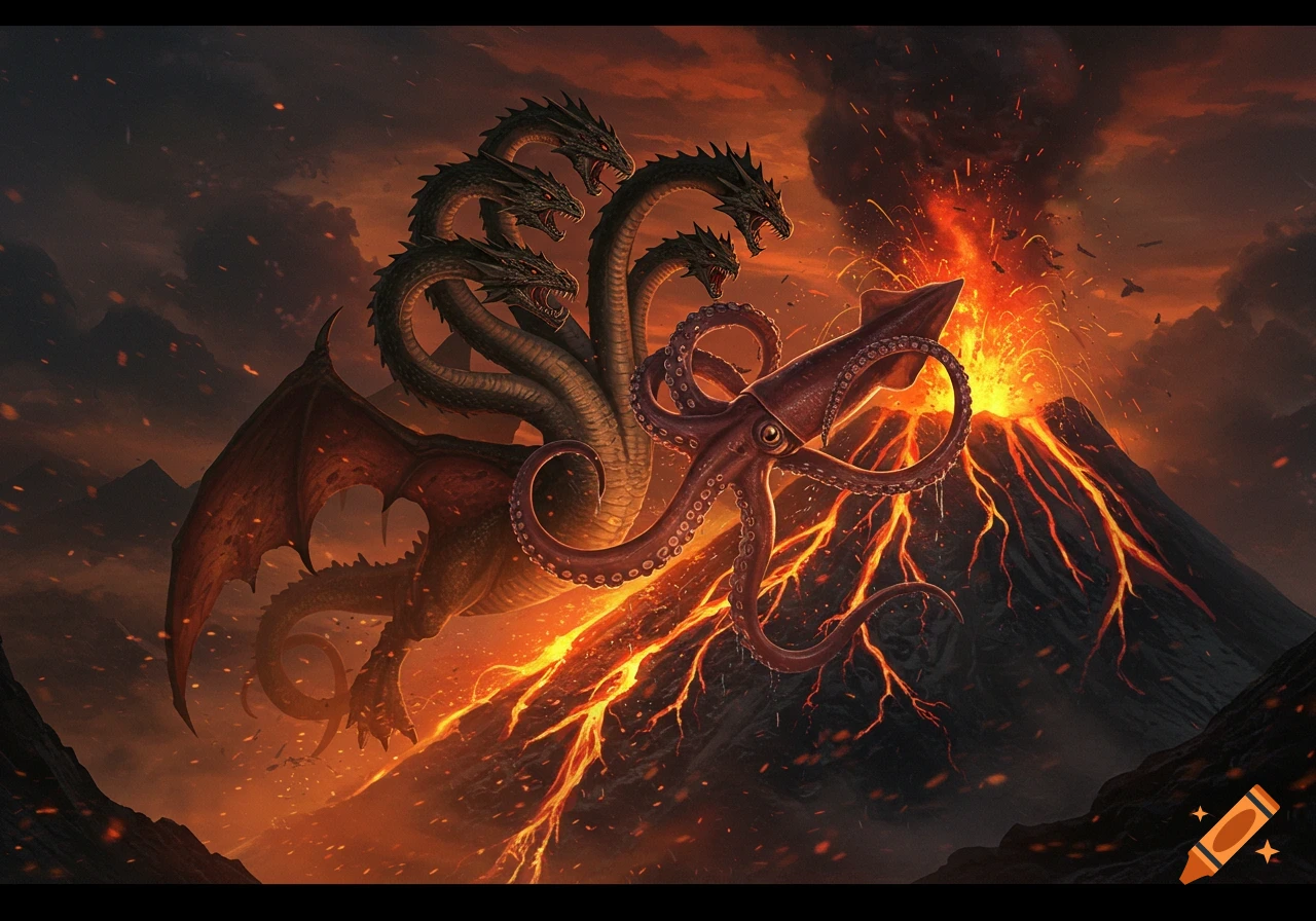 Mythological hydra monster and giant squid battle near an erupting volcano with flowing lava.
