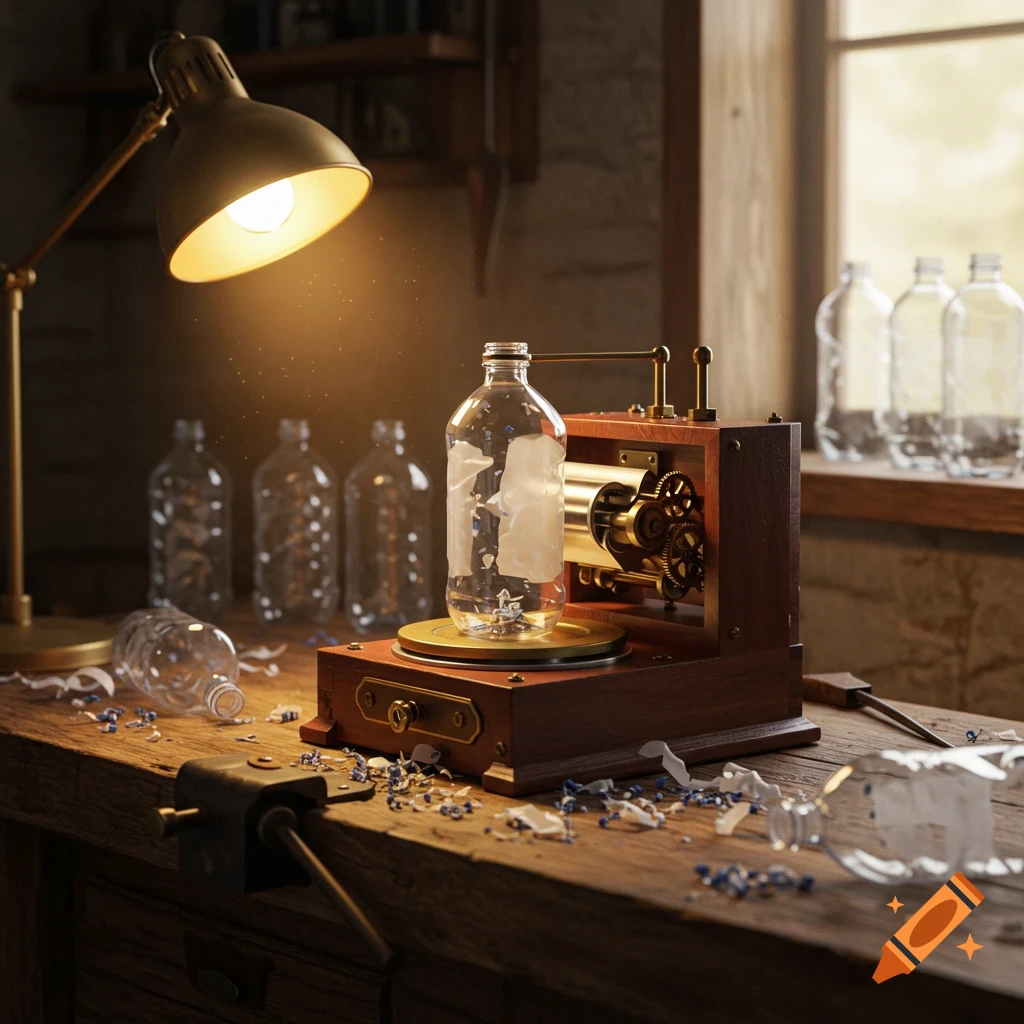 A retro wooden machine peels a plastic bottle on a workbench. Scattered plastic shards, other bottles, and a glowing desk lamp.