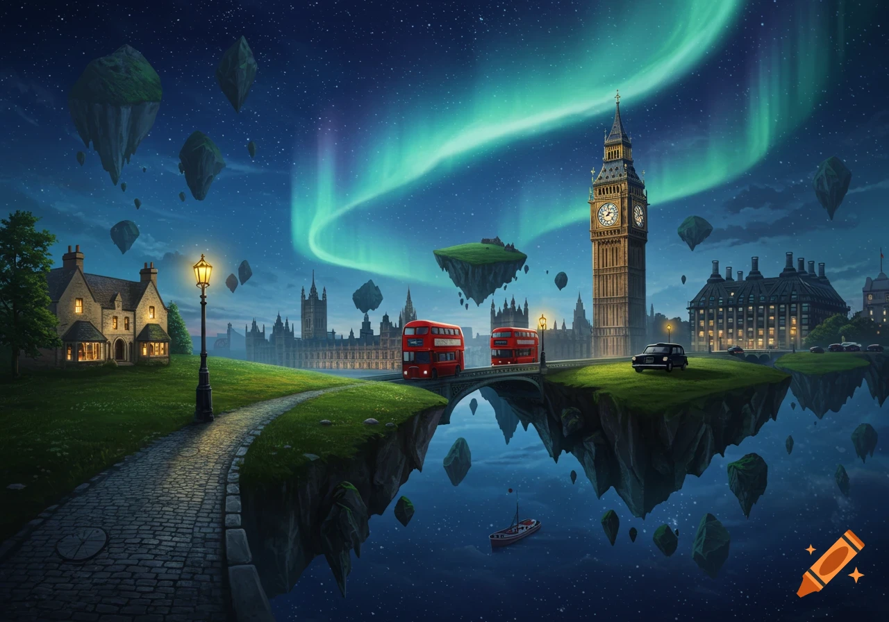 A fantastical night scene of London with Big Ben, red buses, and houses on floating islands under a vibrant aurora borealis sky.