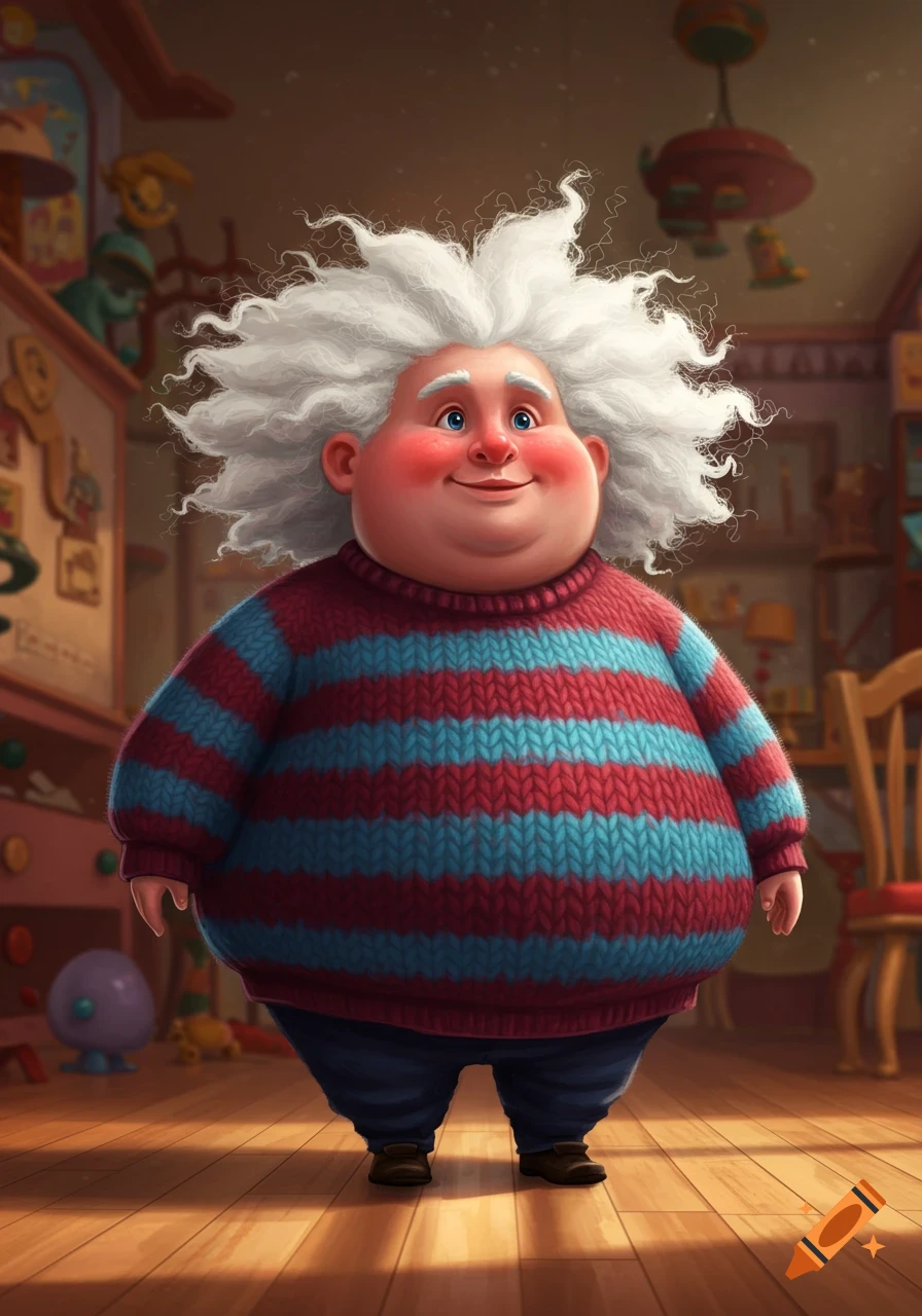 A plump, cheerful cartoon man with wild white curly hair, wearing a striped red and blue sweater, stands in a colorful room.