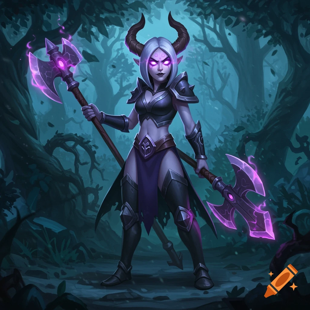 A female fantasy warrior with white hair, horns, glowing purple eyes, and dark armor, holding a glowing axe in a dark forest.