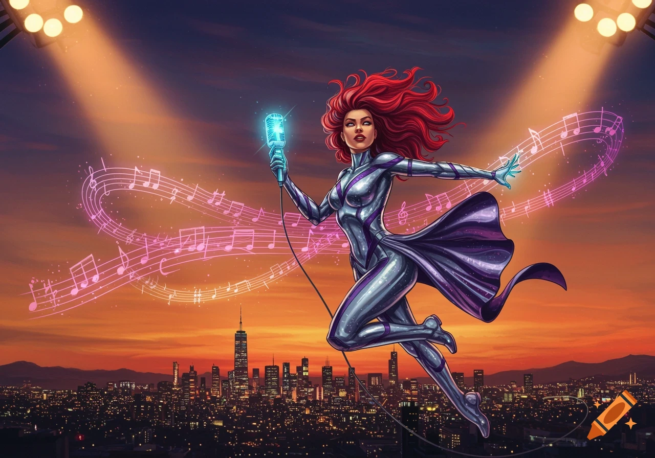 Red-haired female superhero sings into a glowing microphone, floating above a city skyline at sunset with musical notes, in a dynamic comic art style.