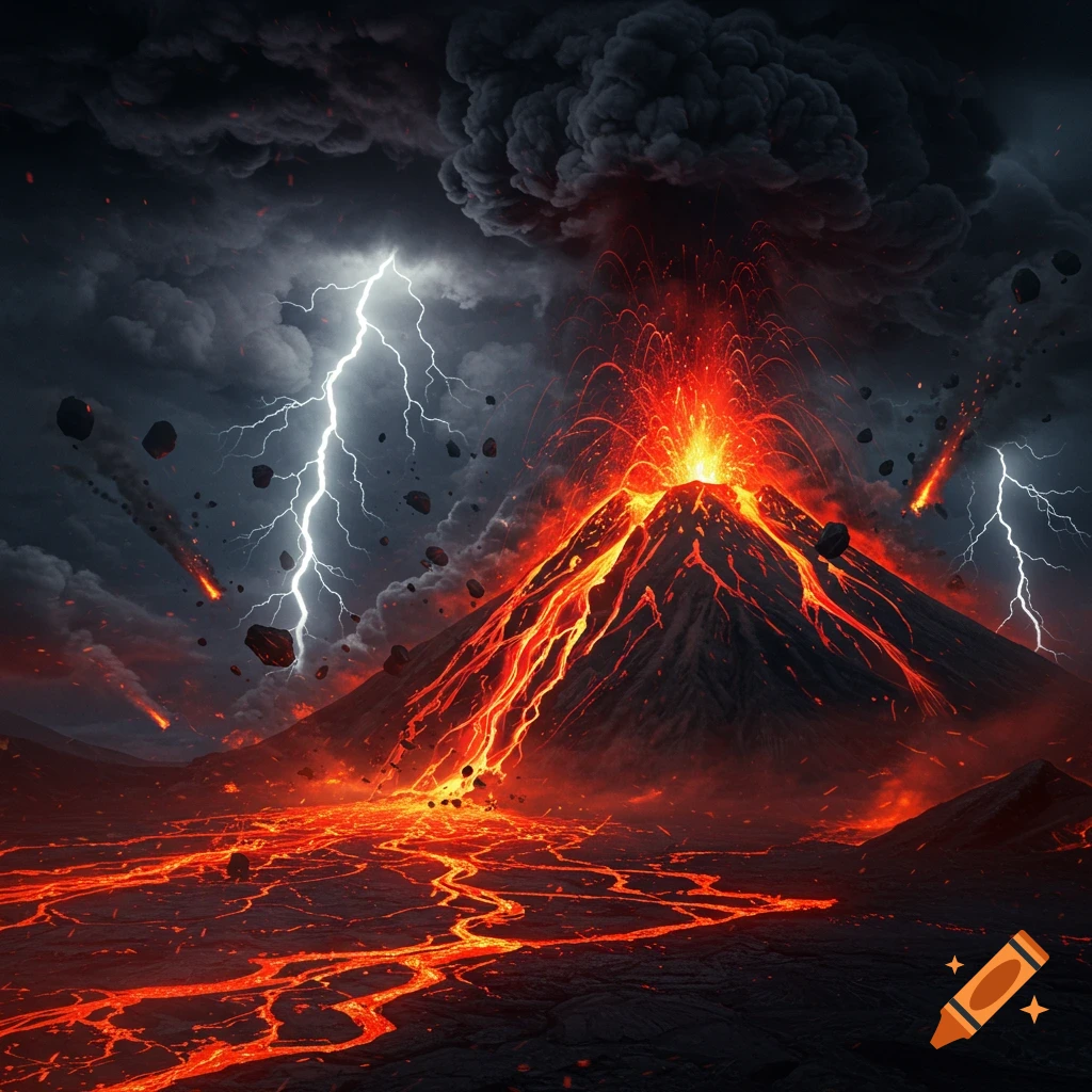 A dramatic photorealistic volcano eruption with glowing lava streams, dark ash clouds, and lightning strikes in a stormy sky.