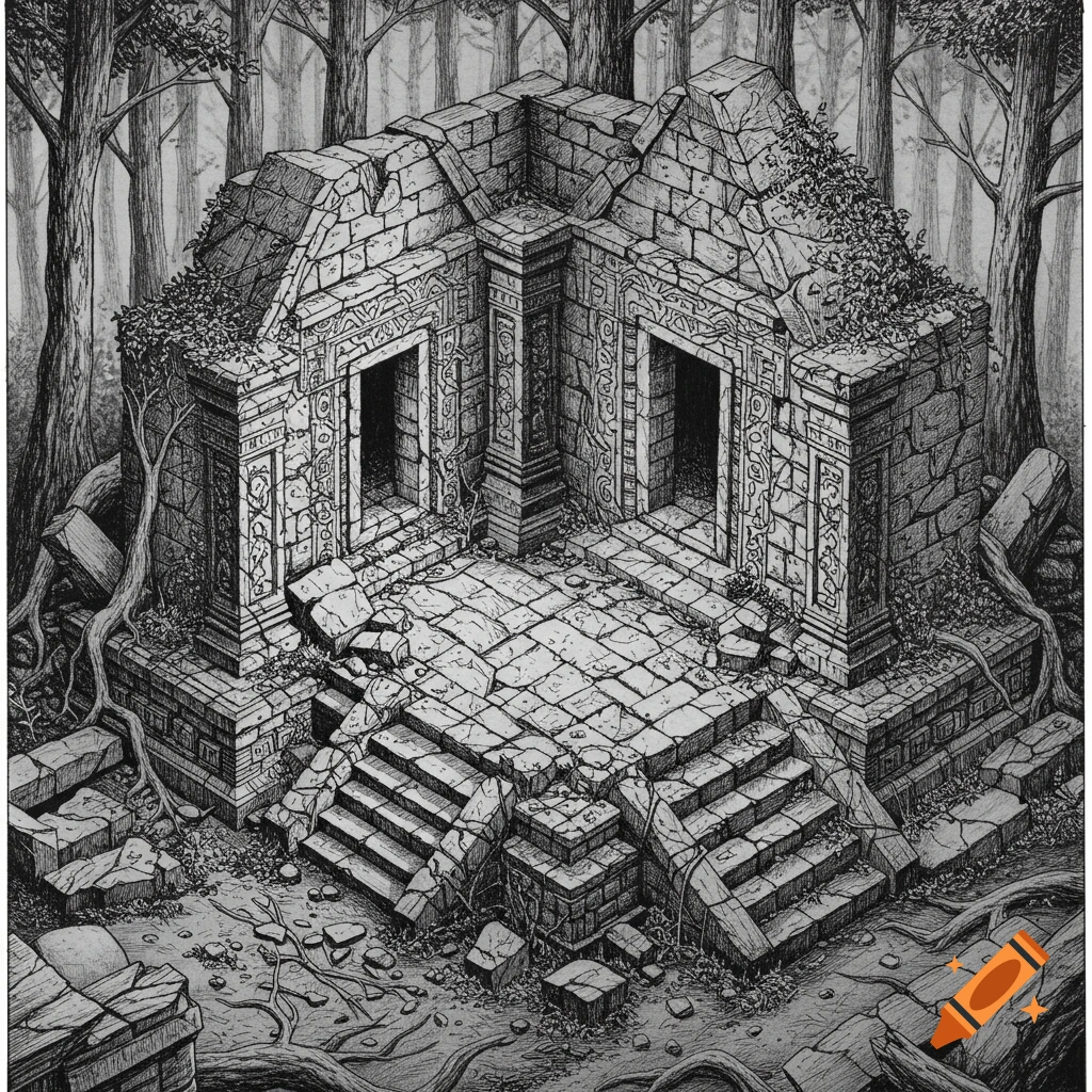 Isometric pen and ink illustration of an ancient, crumbling stone temple overgrown with vines and roots, set deep in a dense forest.