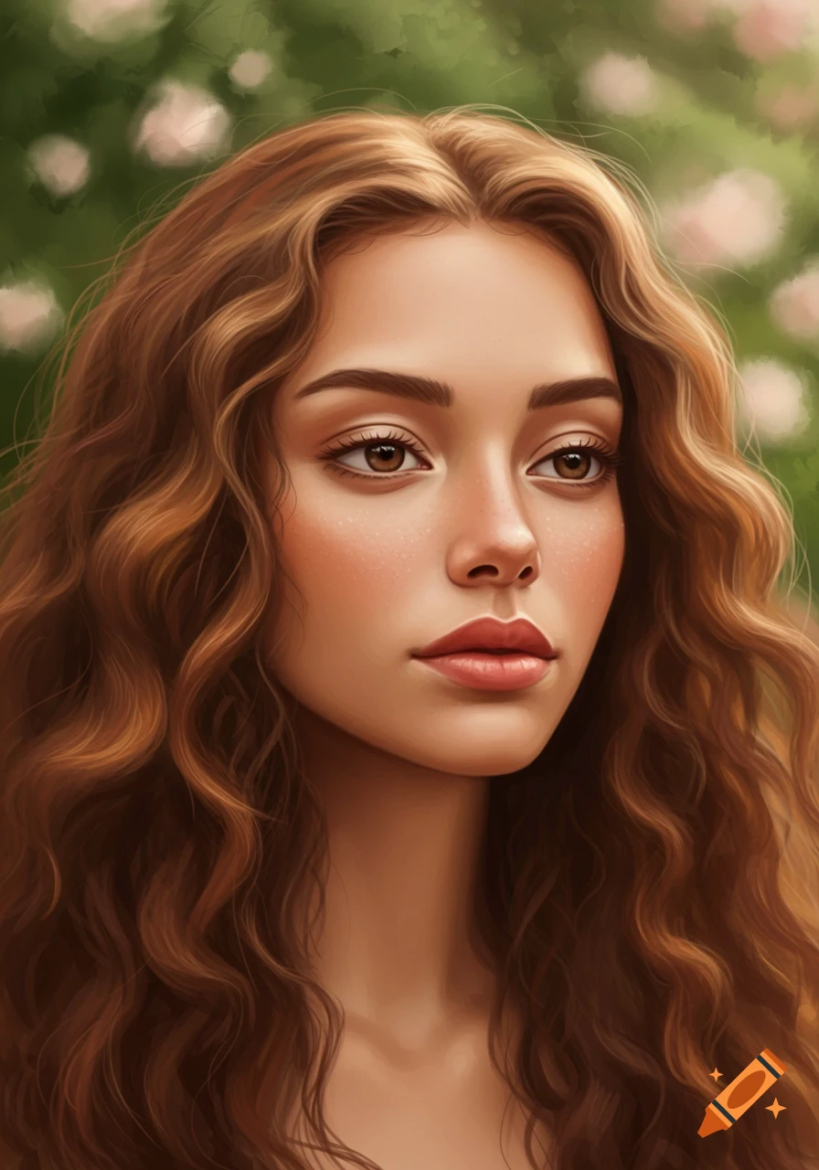A close-up digital painting of a woman with long, wavy brown hair and brown eyes, looking slightly to the right.