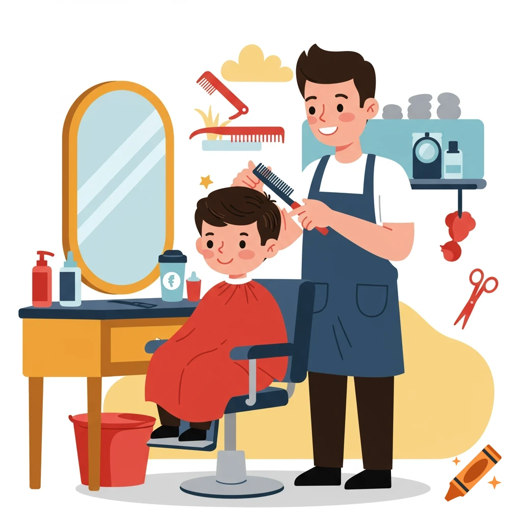 A smiling barber in a blue apron cuts a young boy's hair, who is wearing a red cape in a barbershop. It's a colorful cartoon illustration.