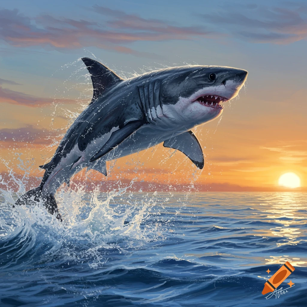 A great white shark leaps out of blue ocean waters against an orange and blue sunset.