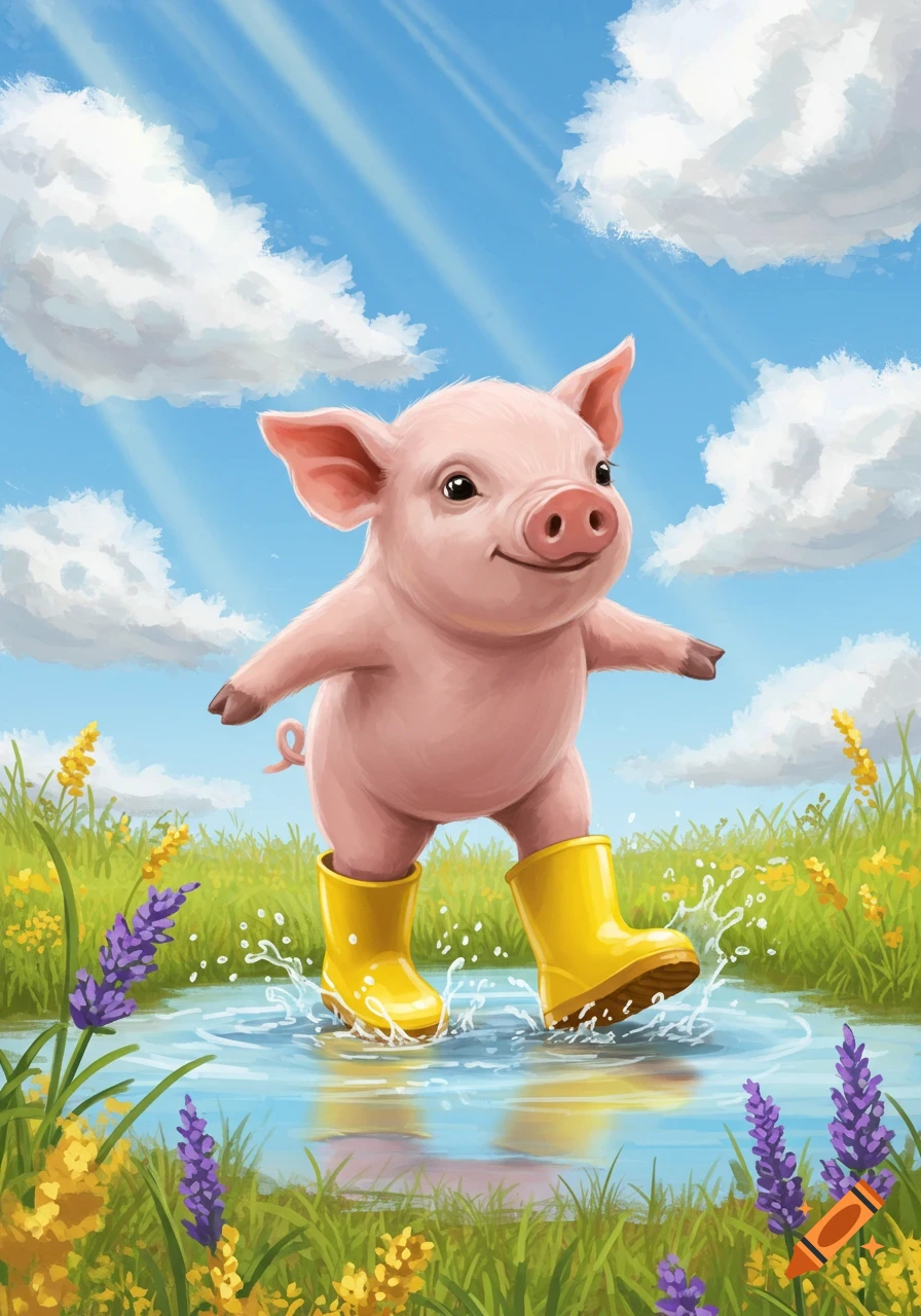 A cute pink pig in yellow rain boots splashes in a puddle in a grassy field with flowers under a sunny blue sky, illustration.