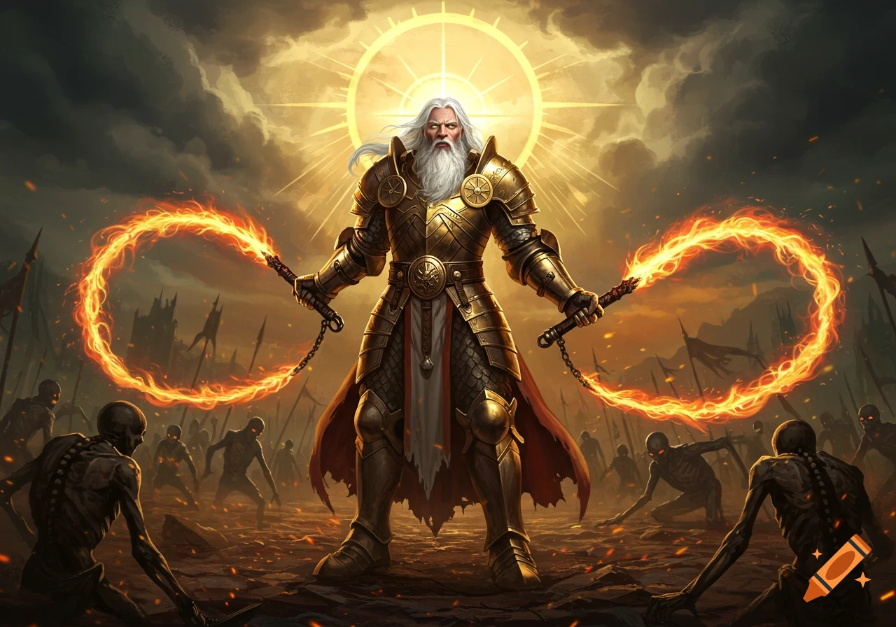 A powerful paladin in golden armor with a white beard and an aura of light wields flaming whips against an army of undead skeletons.