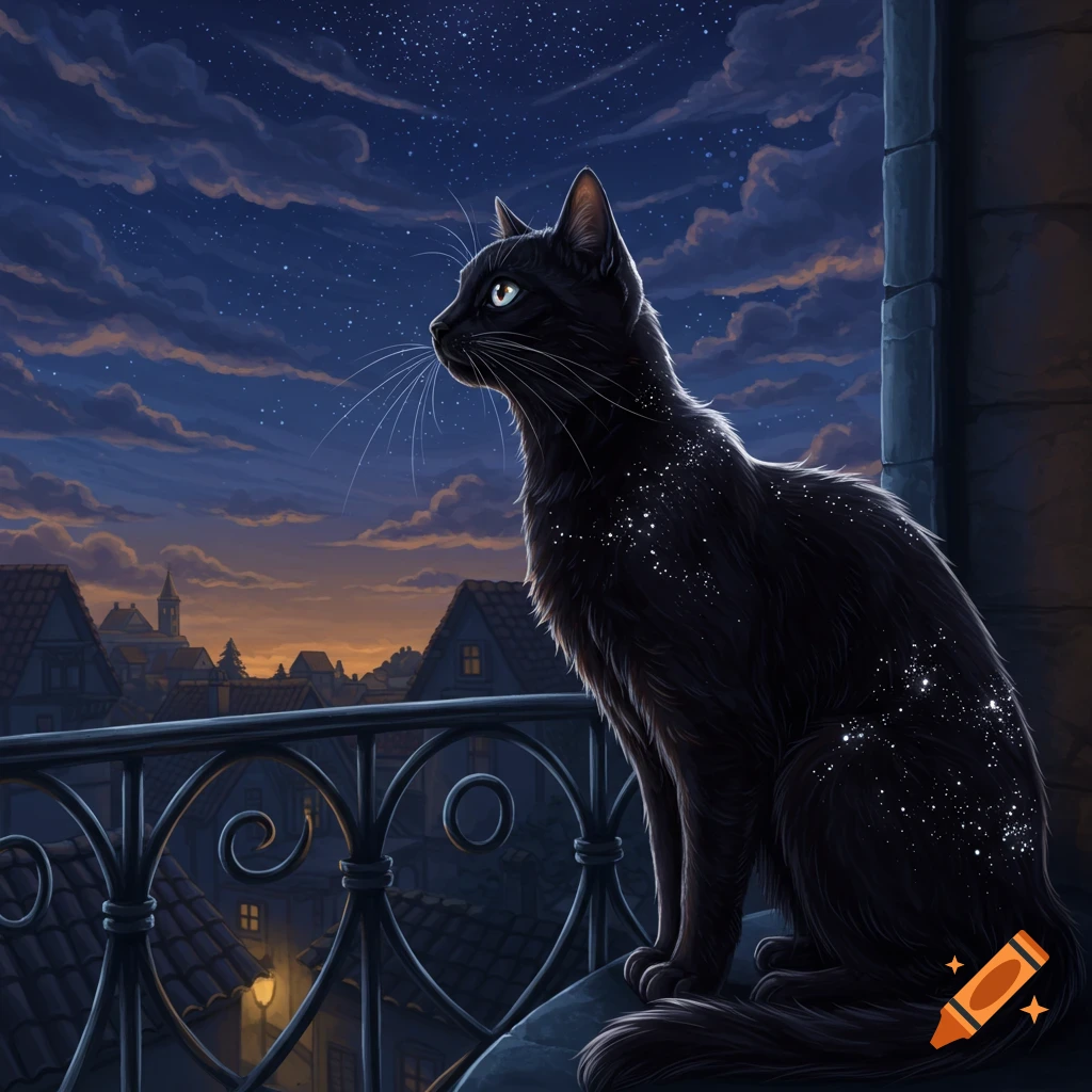 A black cat with starry fur sits on a balcony railing, gazing at a night sky filled with clouds and stars over a quiet town.
