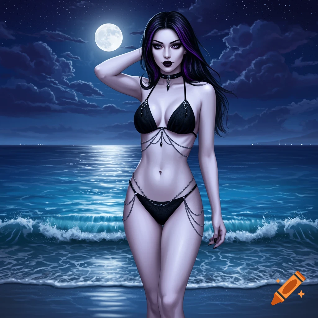 A stylized goth girl in a black bikini poses on a moonlit beach by the ocean.