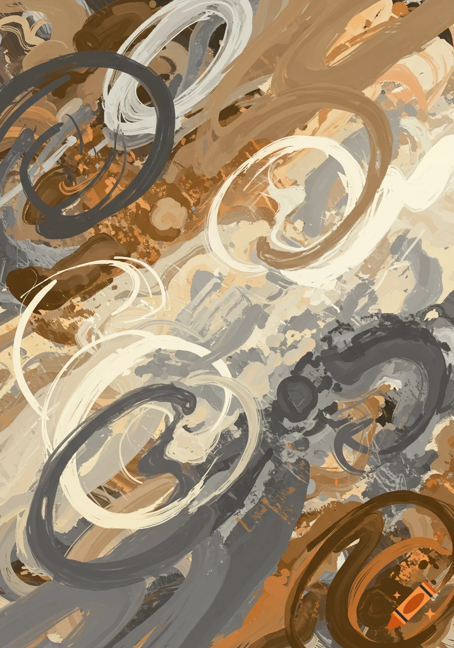 Abstract painting with swirling brushstrokes in shades of brown, gray, white, and cream.