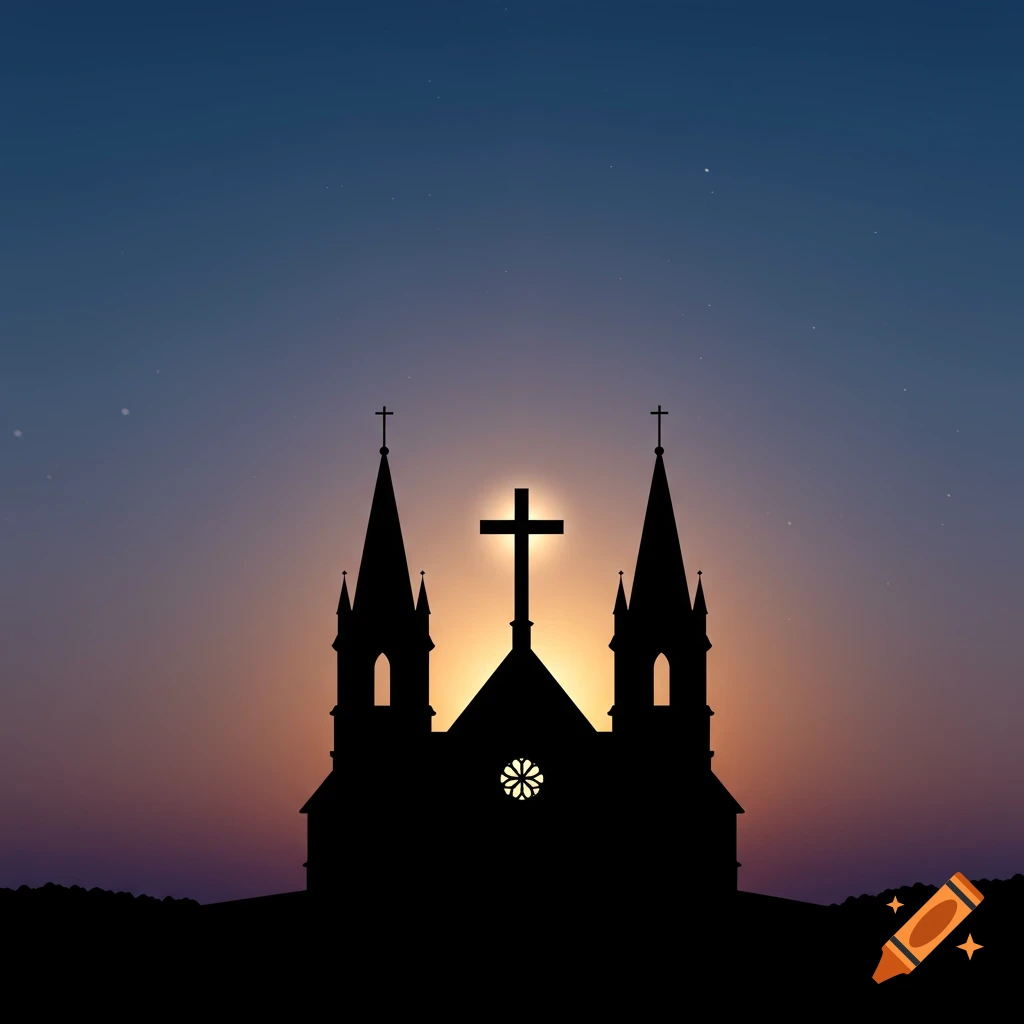 Silhouette of a church with a glowing cross against a sunset or twilight sky.