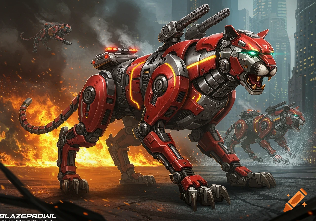 A large red and gray robotic cougar stands in the foreground with two smaller ones in the background, amidst fire and smoke in a ruined city.