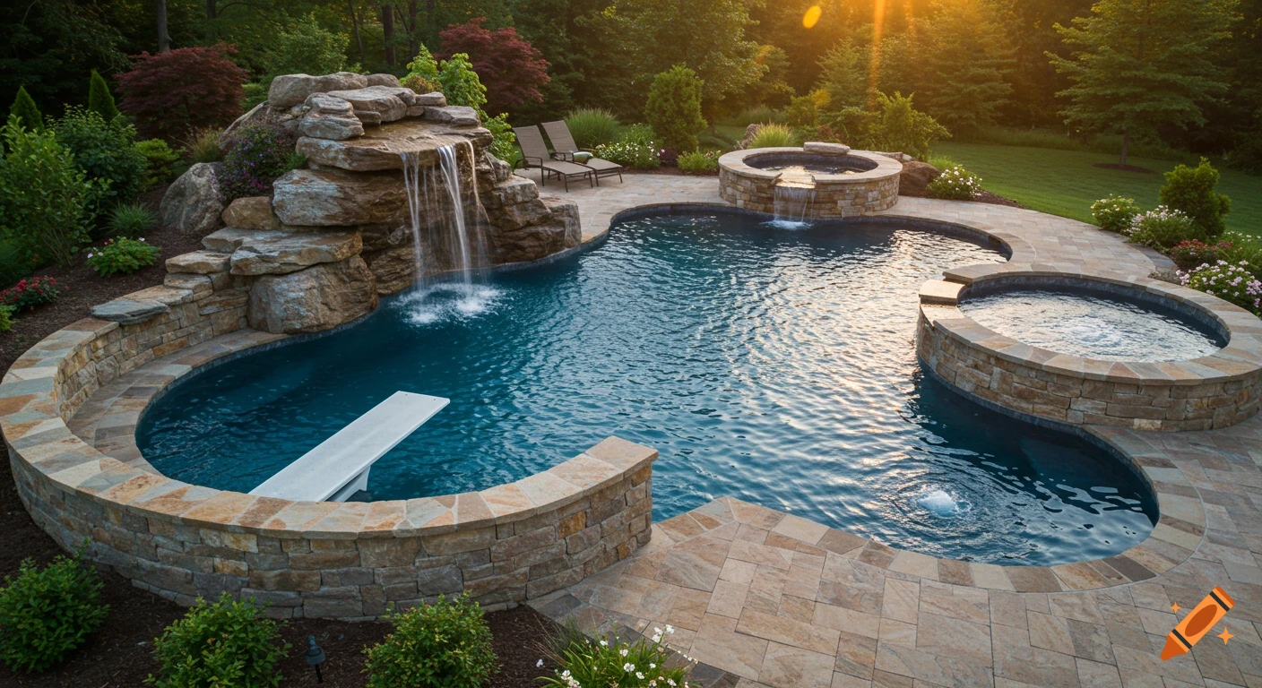 A large, multi-level swimming pool and spa complex with a rock waterfall and diving board, surrounded by lush landscaping under a golden sunset.